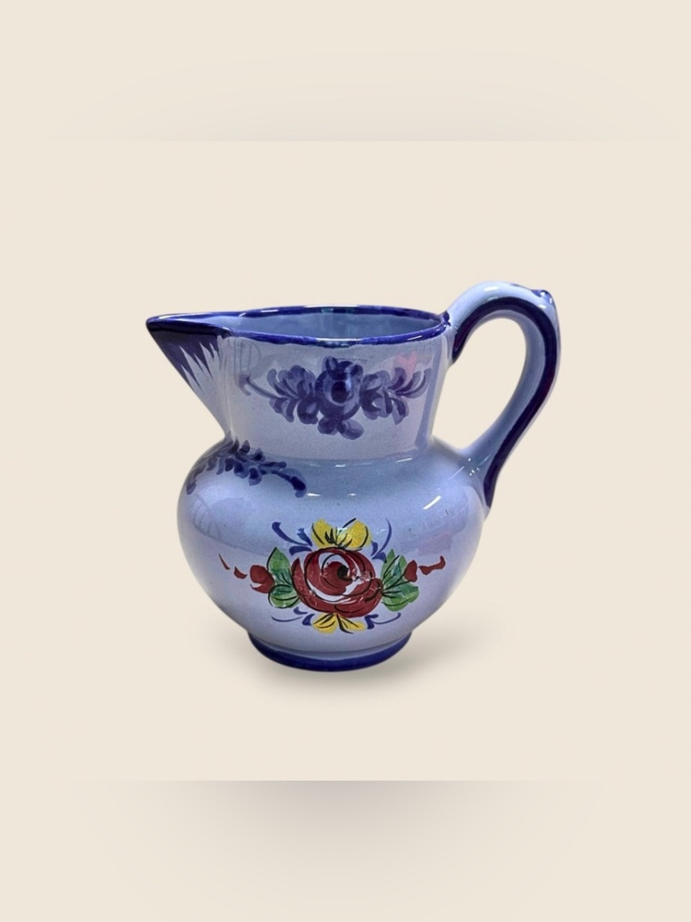 Vintage Hand Painted Portuguese Pottery Pitcher Creamer Floral Blue Jug